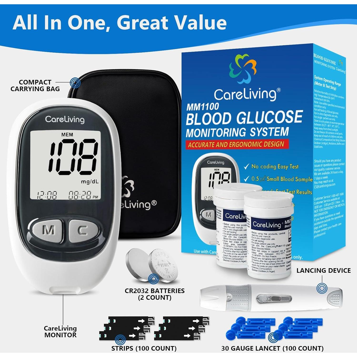 Kit de Monitoreo de Glucosa CareLiving MM1100 - 100 Tiras y Lancetas