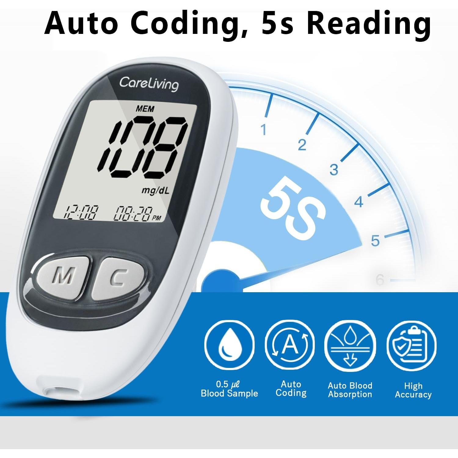 Kit de Monitoreo de Glucosa CareLiving MM1100 - 100 Tiras y Lancetas