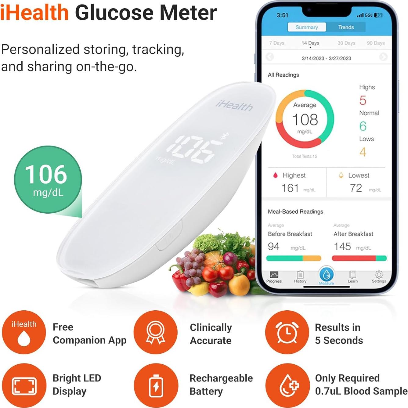 iHealth Gluco+ Monitor de Glucosa BG5S100 Inalámbrico con 100 Tiras