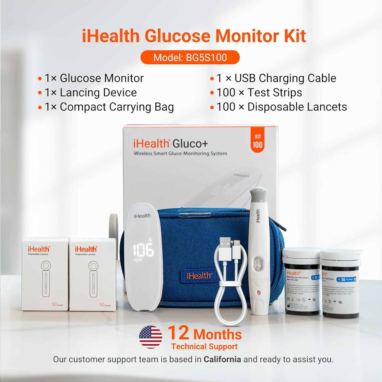 iHealth Gluco+ Monitor de Glucosa BG5S100 Inalámbrico con 100 Tiras