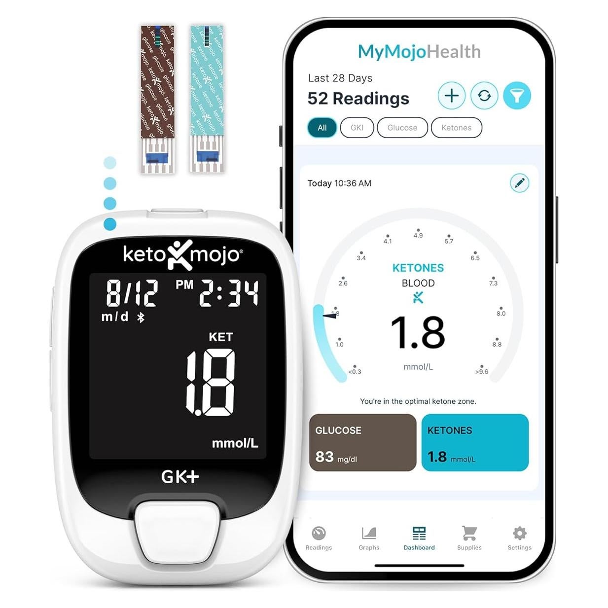 KETO-MOJO GK+ Medidor de Glucosa y Cetonas Bluetooth con App