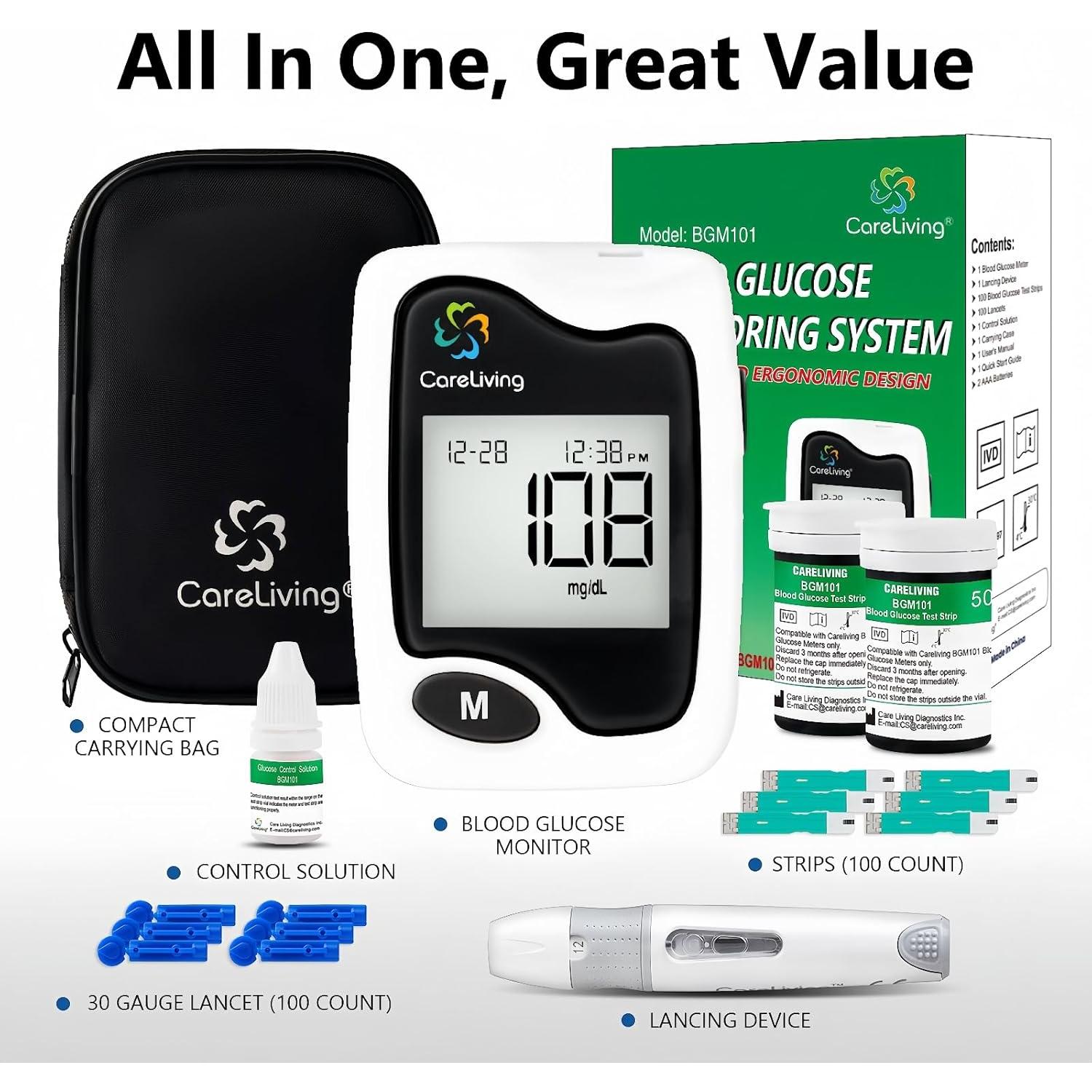 Kit de Monitor de Glucosa Careliving BGM101 - 100 Tiras y Lancetas