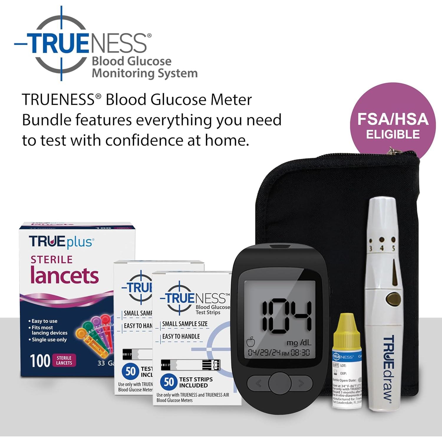 Medidor de Glucosa en Sangre TRUENESS con 100 Tiras y Lancetas