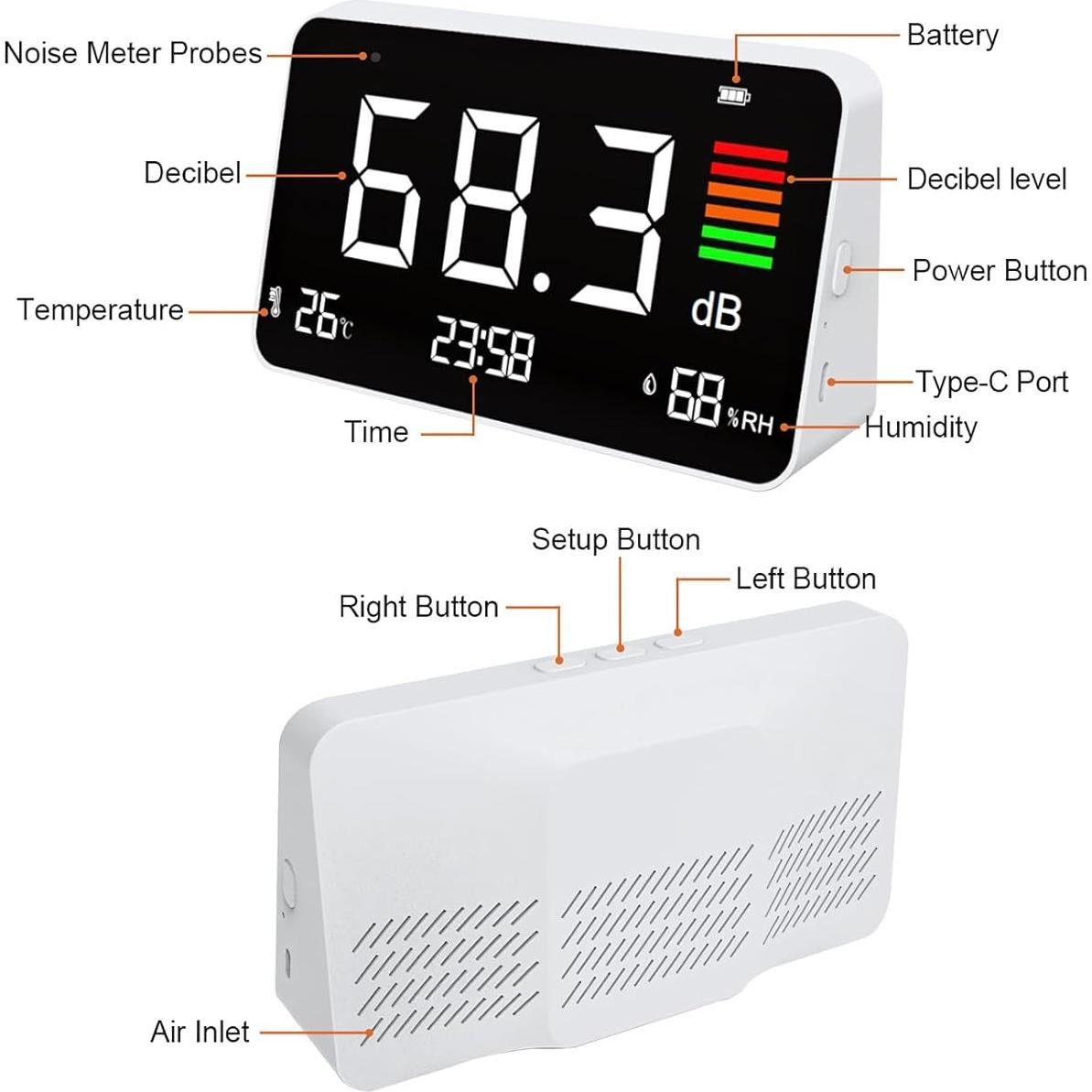 Medidor de Decibelios 5 en 1 Buumin con Pantalla LCD 8.5"