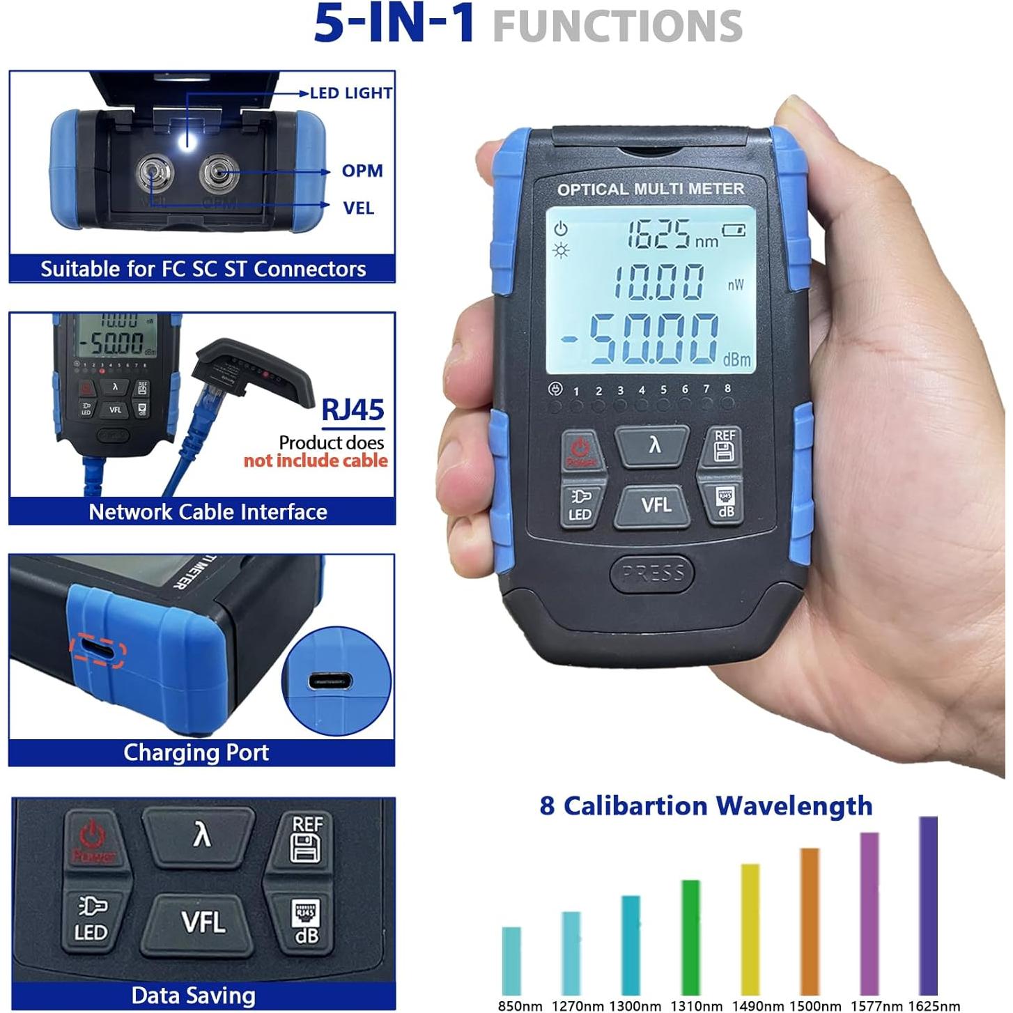 Probador de Cable de Fibra Óptica 5-en-1 Groword - Medidor Portátil