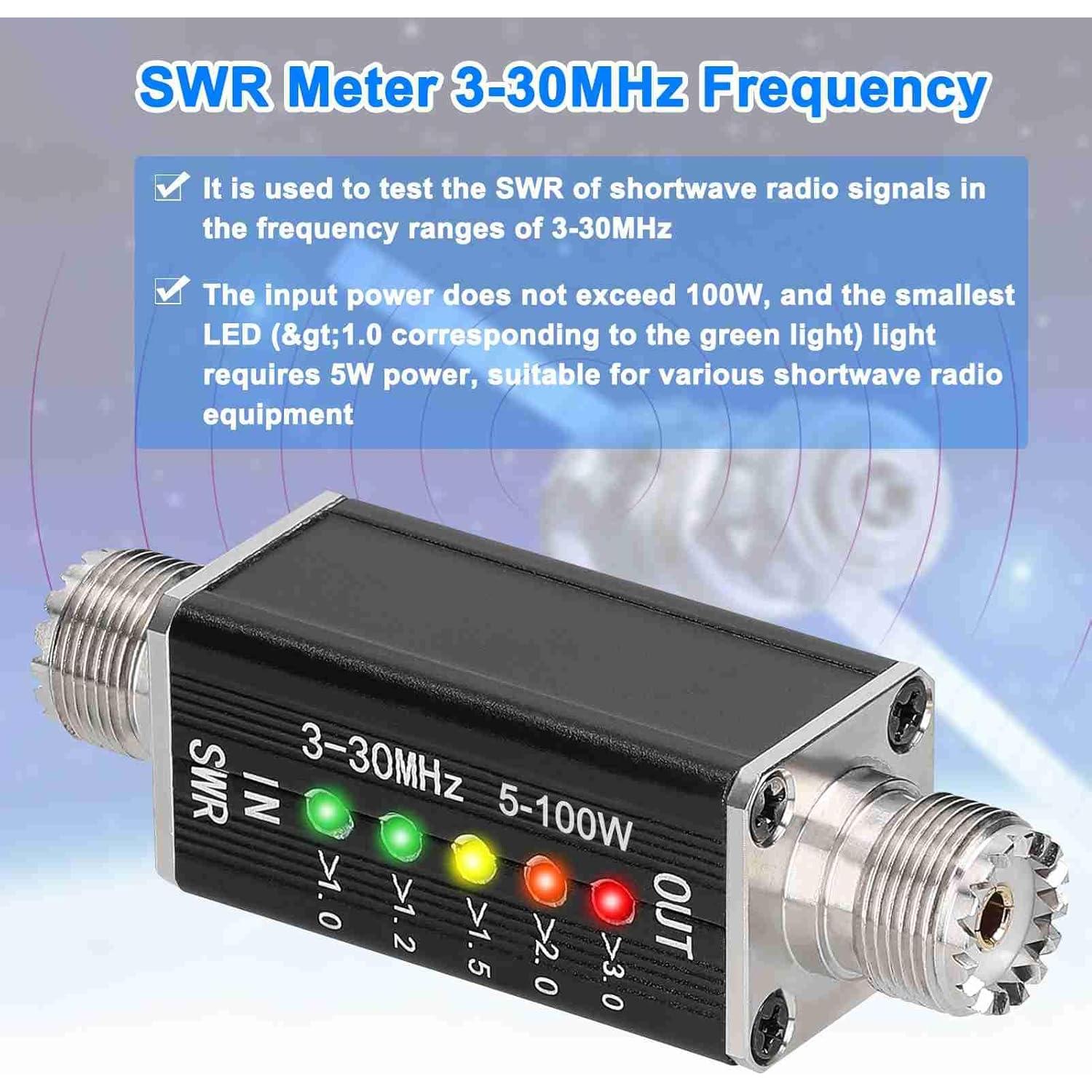 Medidor de SWR LED Ejoyous 3-30MHz 100W Portátil