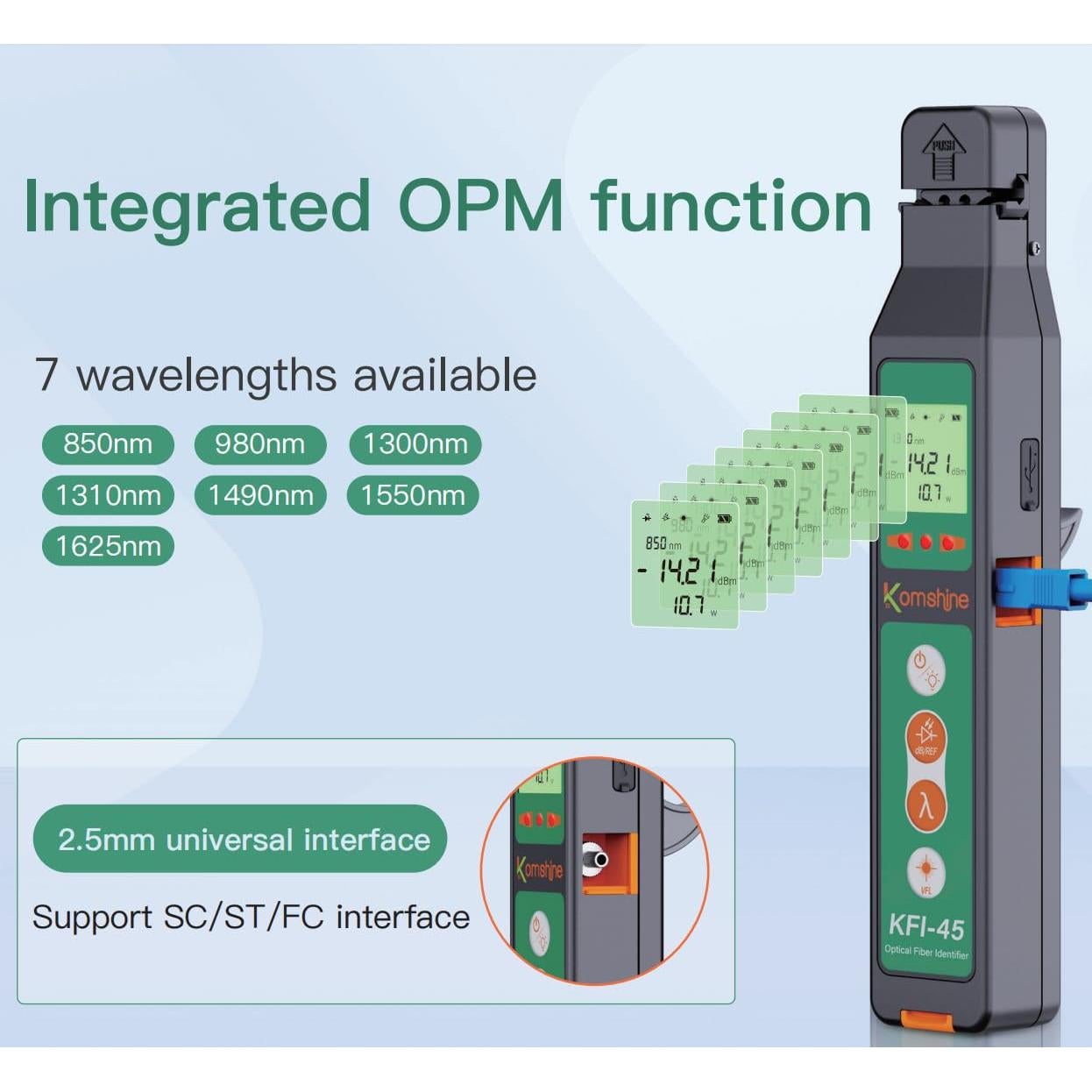 Identificador de Fibra Óptica Komshine KFI-45 - Medidor OPM y VFL