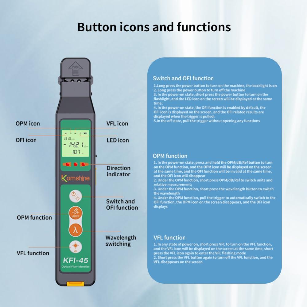 Identificador de Fibra Óptica Komshine KFI-45 - Medidor OPM y VFL