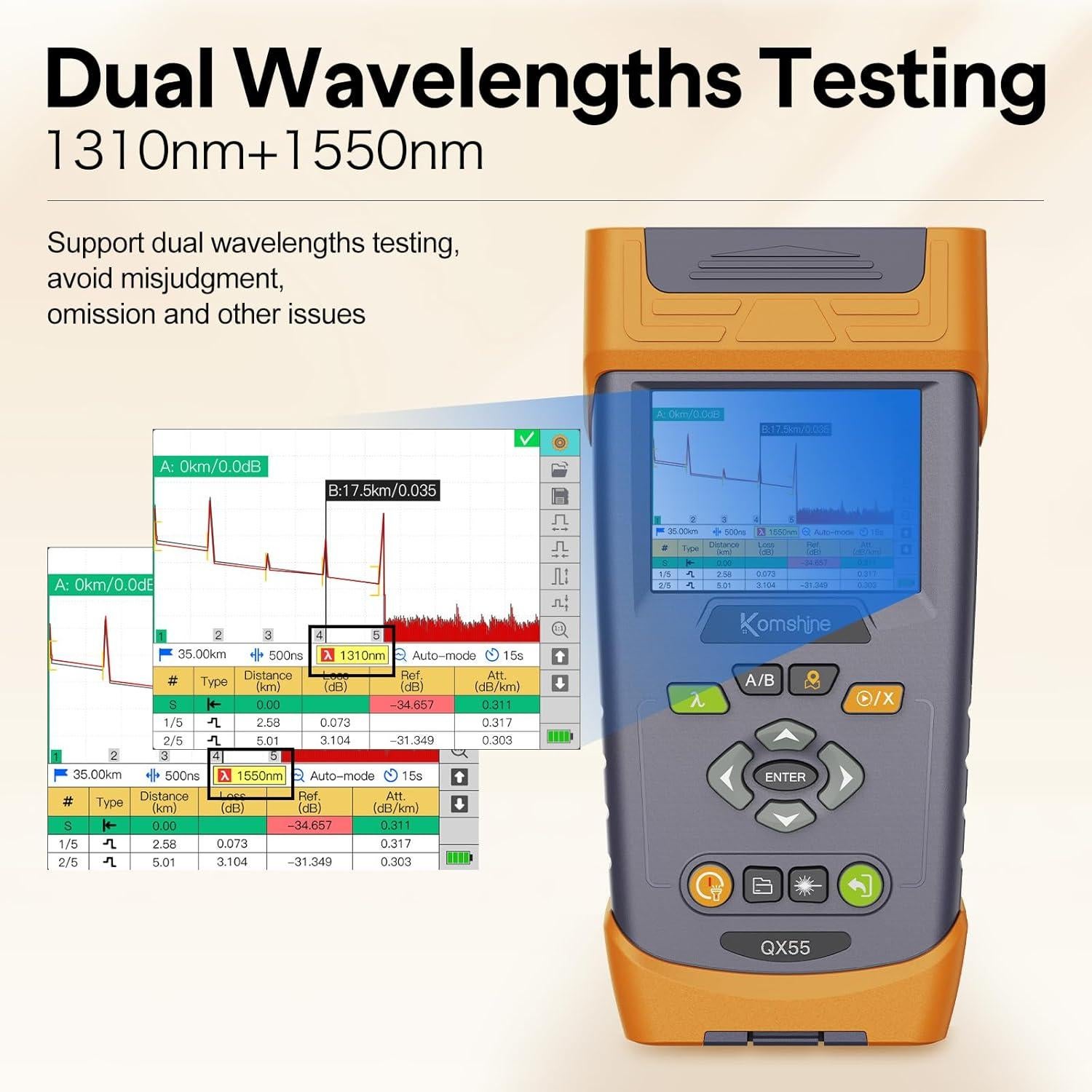 OTDR Monomodo Komshine QX55 1310/1550nm 32/30dB + Medidor OPM