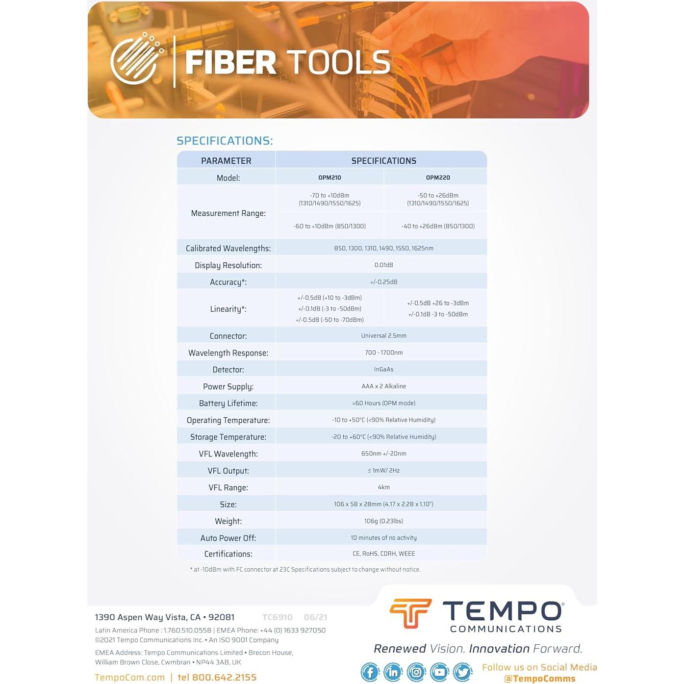 Medidor de Potencia Óptica Tempo OPM220 con Localizador de Fallas