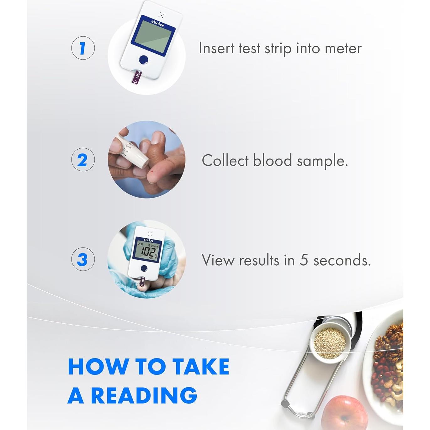 Kit Monitor de Glucosa eBchek con 100 Tiras y Lancetas