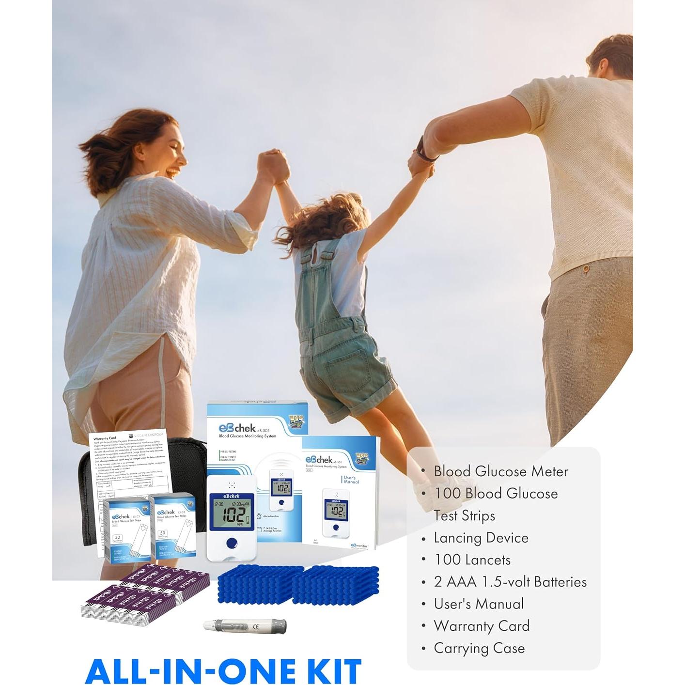 Kit Monitor de Glucosa eBchek con 100 Tiras y Lancetas