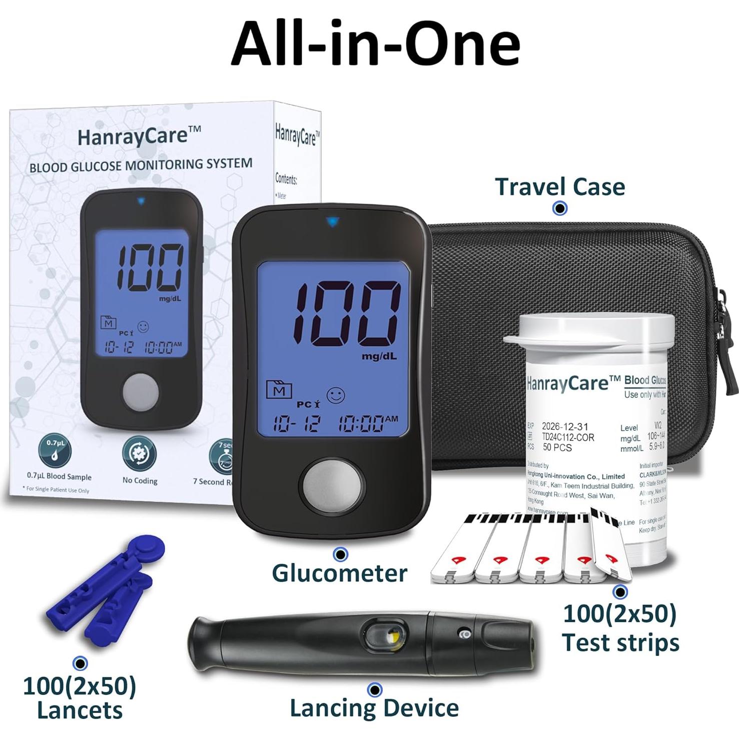 Kit de Monitoreo de Glucosa HanrayCare TD-4125 con 100 Tiras