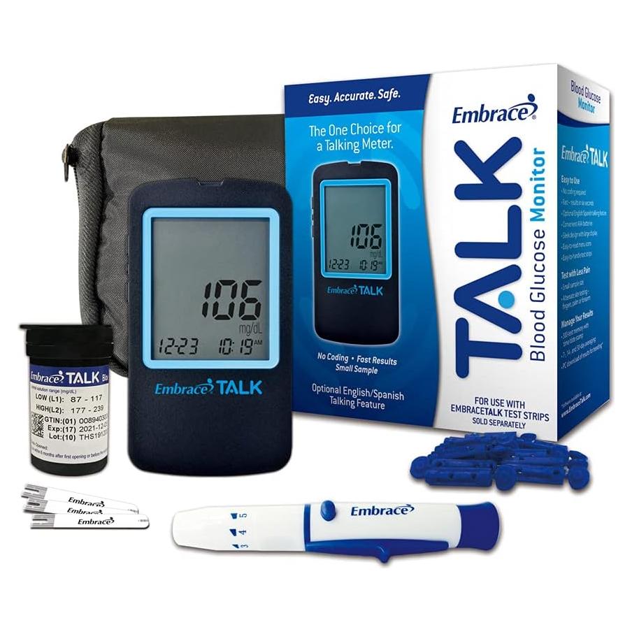 Kit de Pruebas de Diabetes Embrace Talk - Medidor de Glucosa con 50 Tiras y Estuche