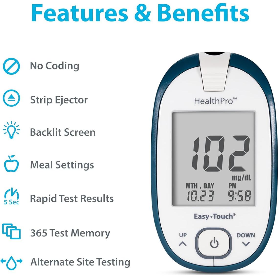 Medidor de Glucosa HealthPro con Dispositivo de Punción y 10 Lancetas