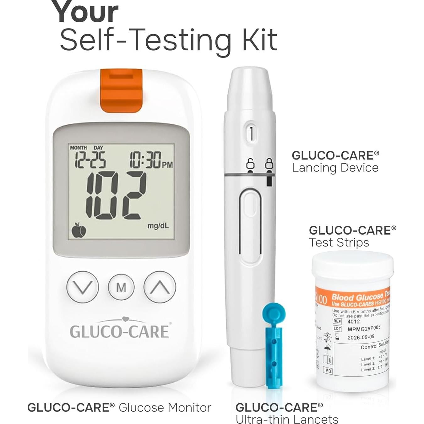 Kit de Monitor de Glucosa Gluco-Care - Pantalla Grande, Resultados Rápidos