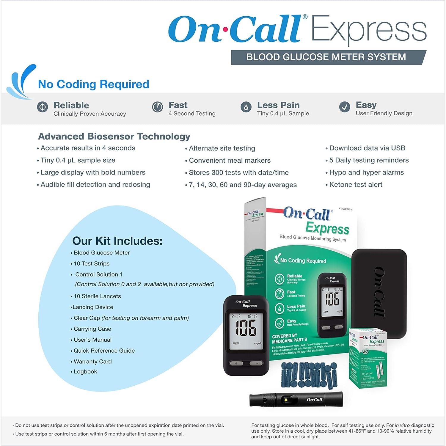 Kit de Pruebas de Diabetes On Call Express - Medidor de Glucosa