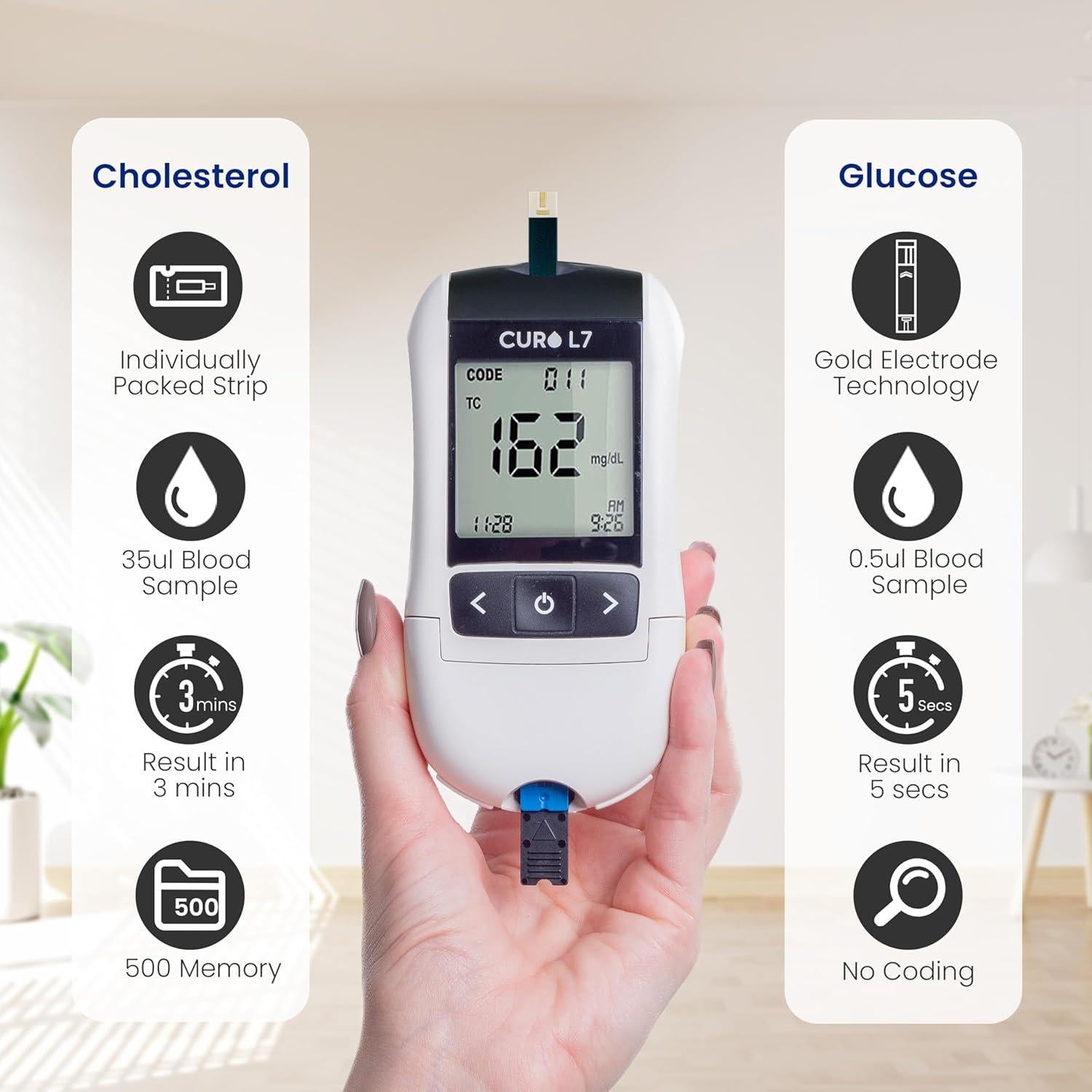 CURO L7 Kit de Pruebas de Colesterol y Glucosa 6 en 1