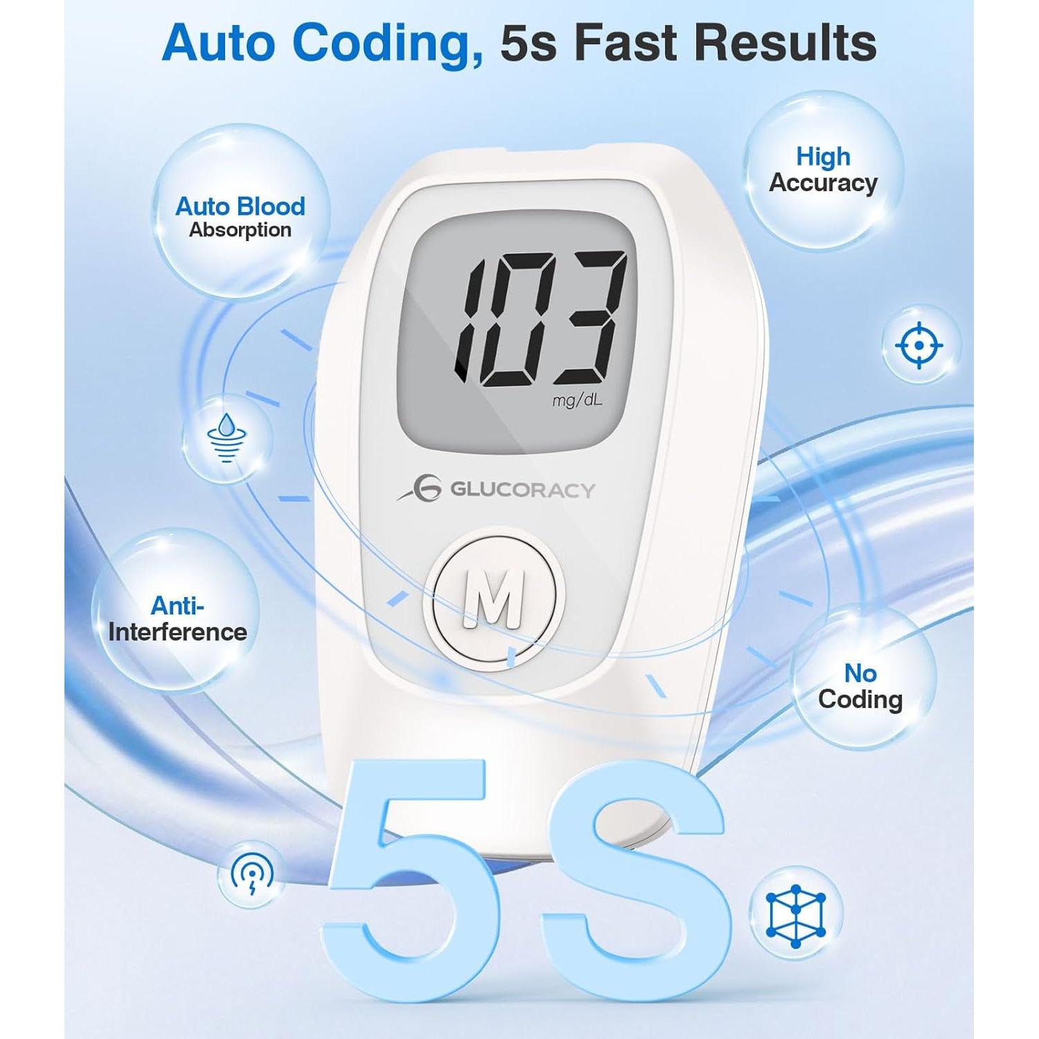 Kit de Monitor de Glucosa Glucoracy G-425 con 100 Tiras y Lancetas