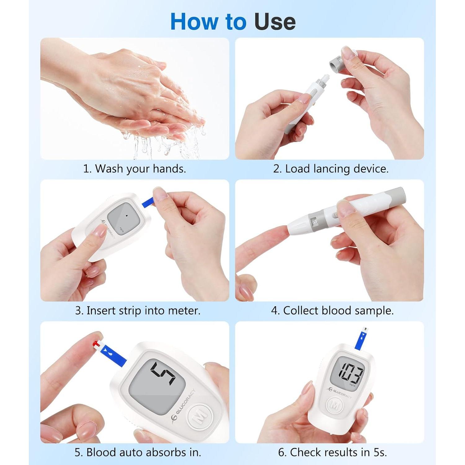 Kit de Monitor de Glucosa Glucoracy G-425 con 100 Tiras y Lancetas