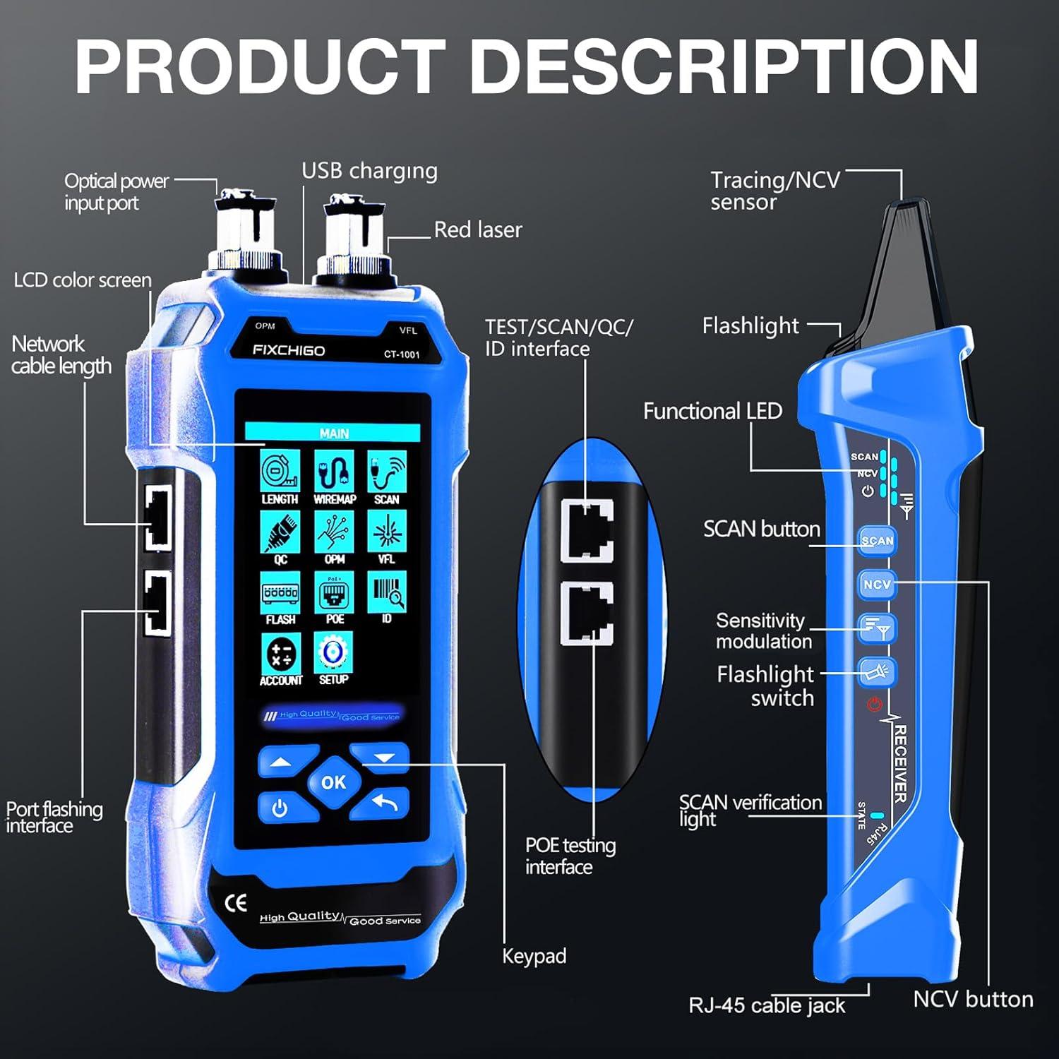 Probador de Cable de Red FIXCHIGO 10 en 1 600m OPM VFL