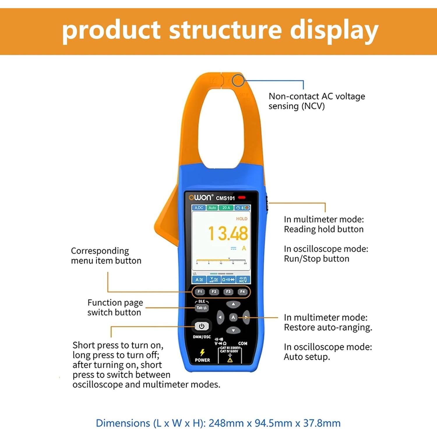 Medidor de Pinza Digital OWON CMS101 3 en 1 True RMS 1000A