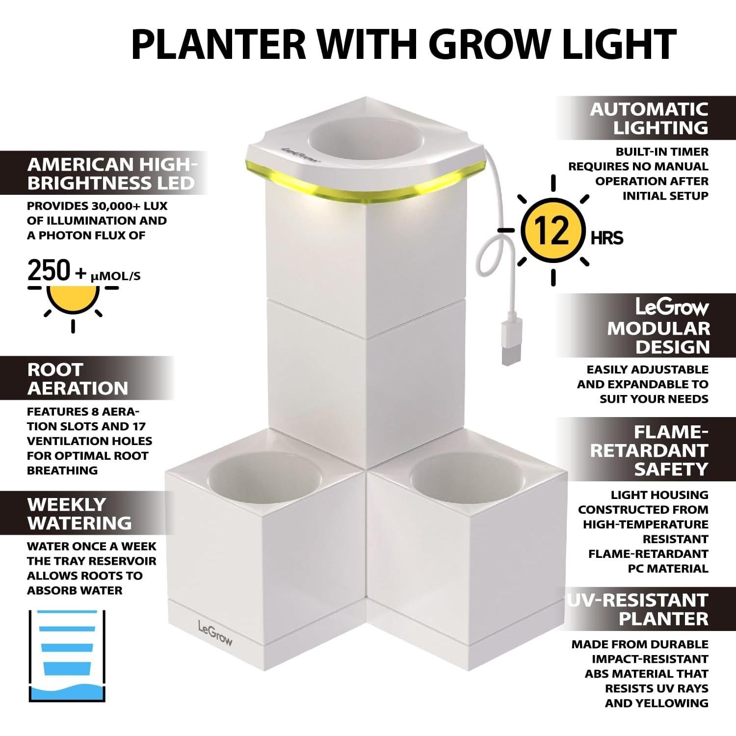 Maceta Interior LeGrow con Luz LED y Autorriego - 2 Unidades