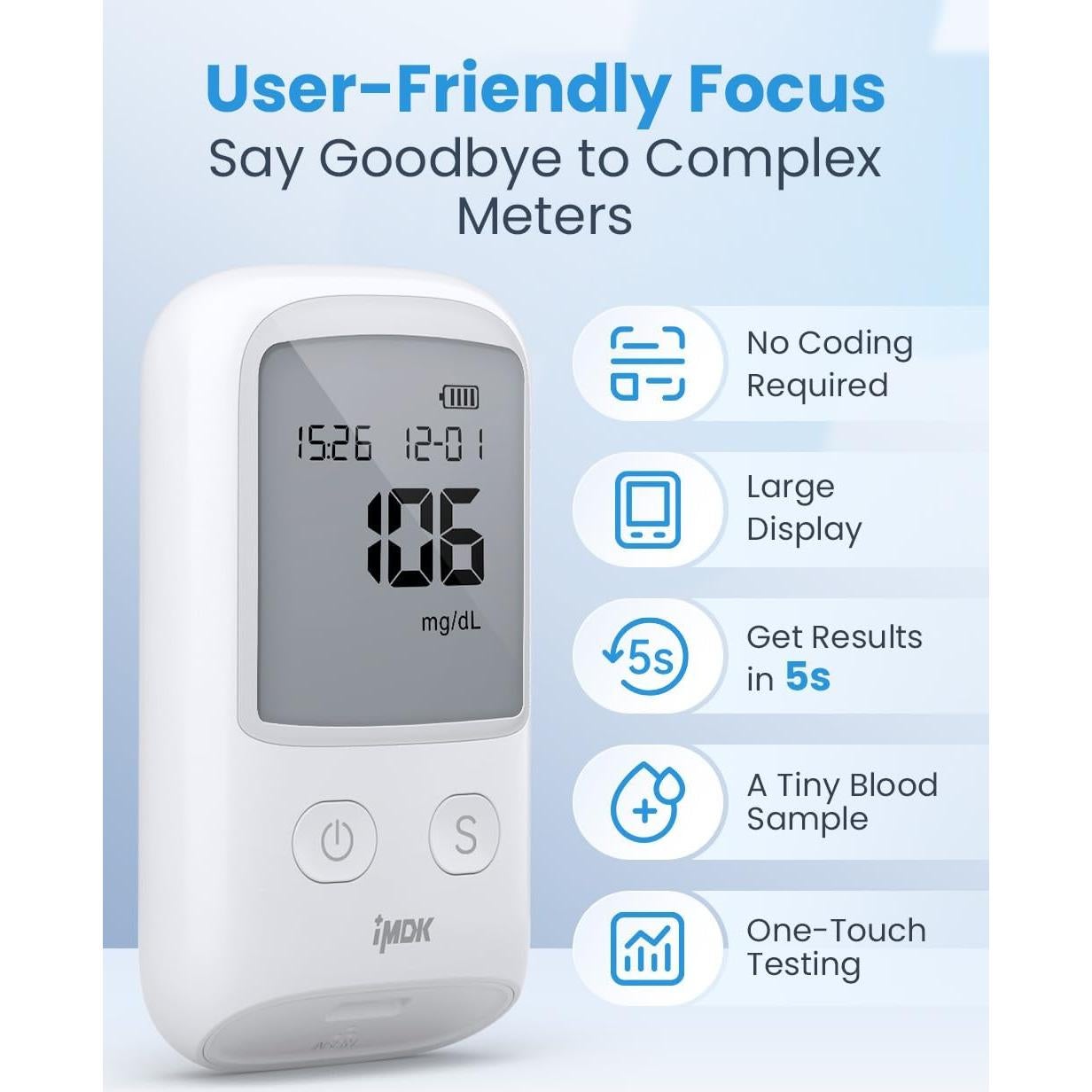 Tiras de Prueba de Glucosa IMDK GLU-T1 100 Unidades Sin Codificación