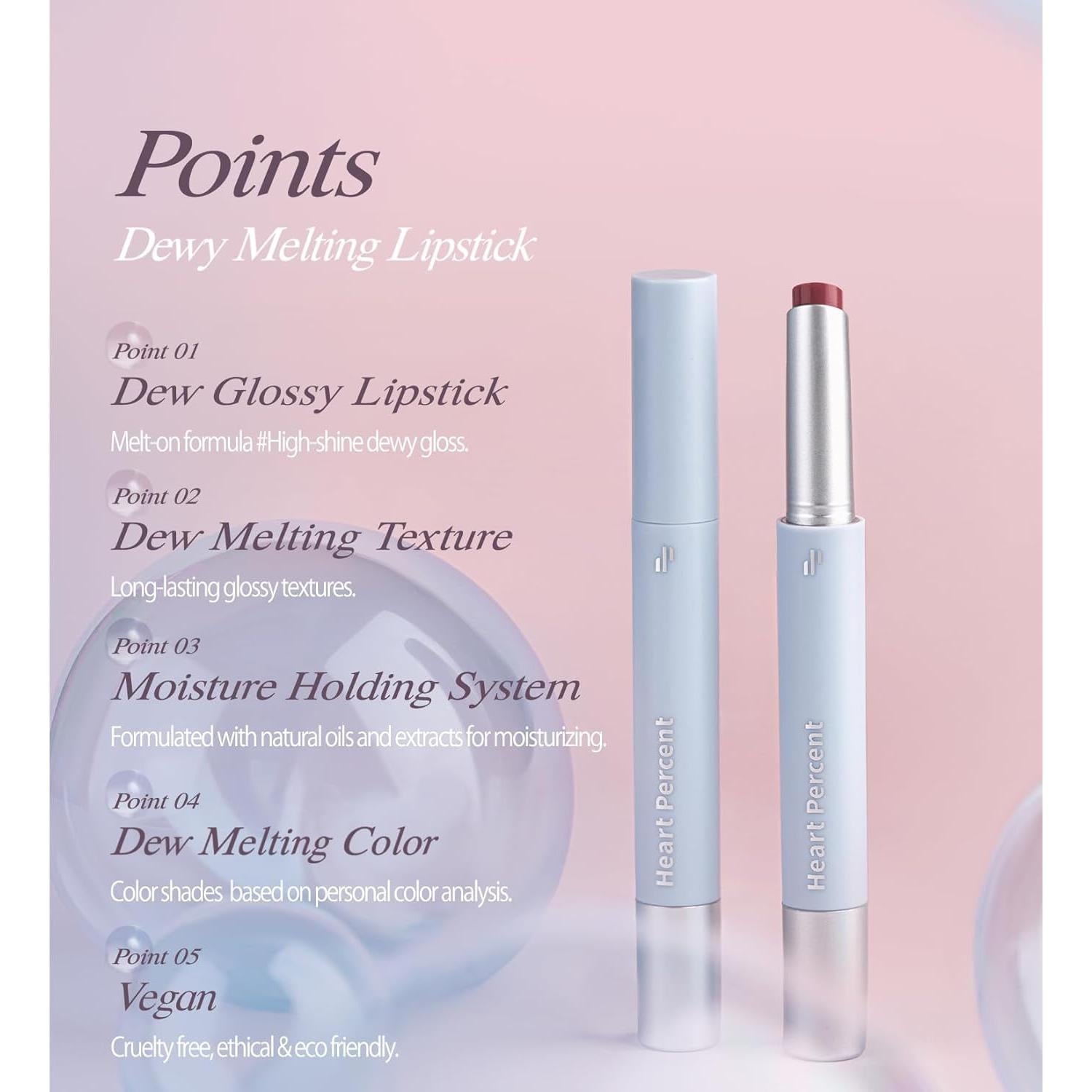 Heart Percent Dote On Mood Dewy Melting Lipstick High-Shine Glow & Wet Look Glossy Finish Lip Color, #01. Dewy Glow
