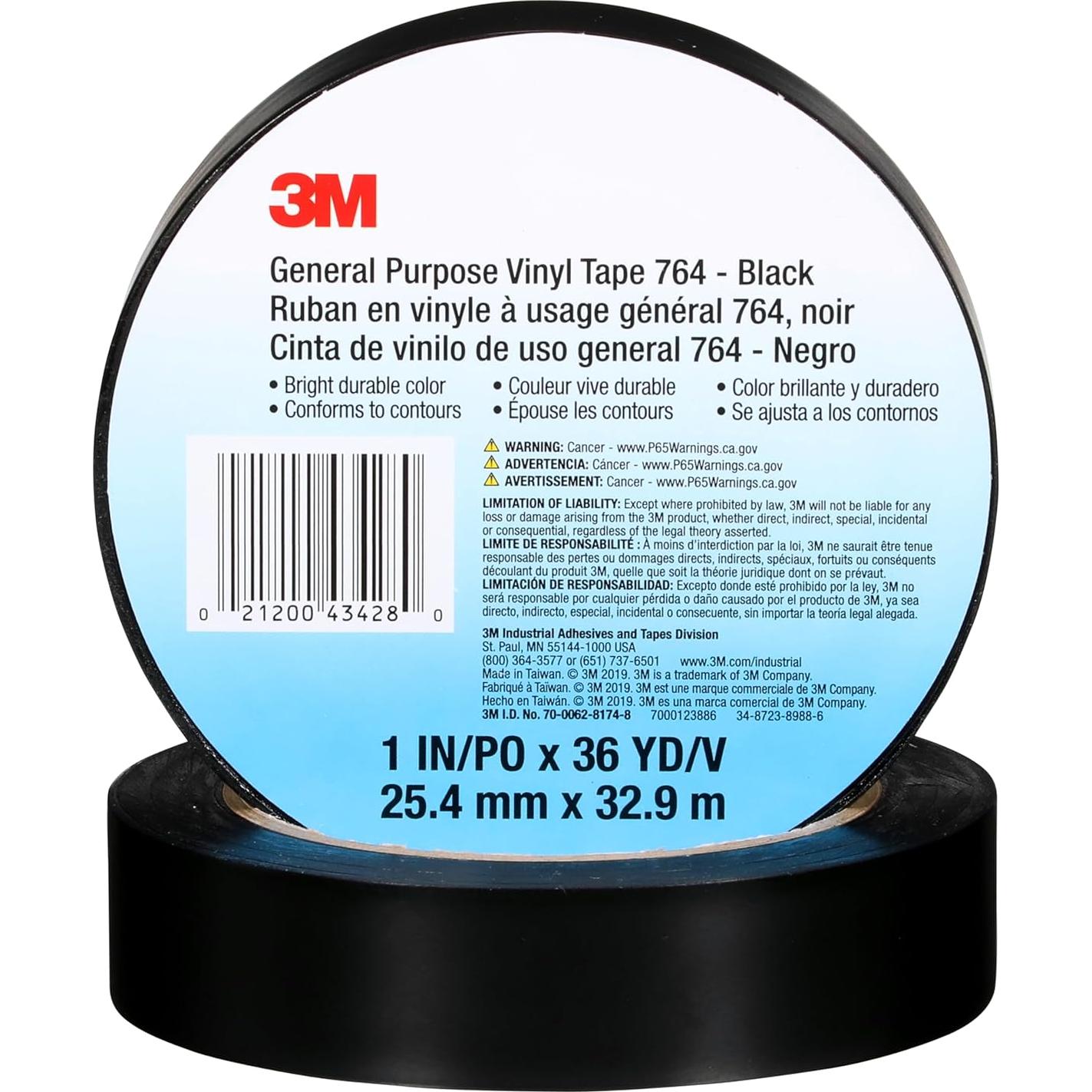 Cinta de Vinilo 3M 764, 5 cm x 32.9 m, Negro, Uso General