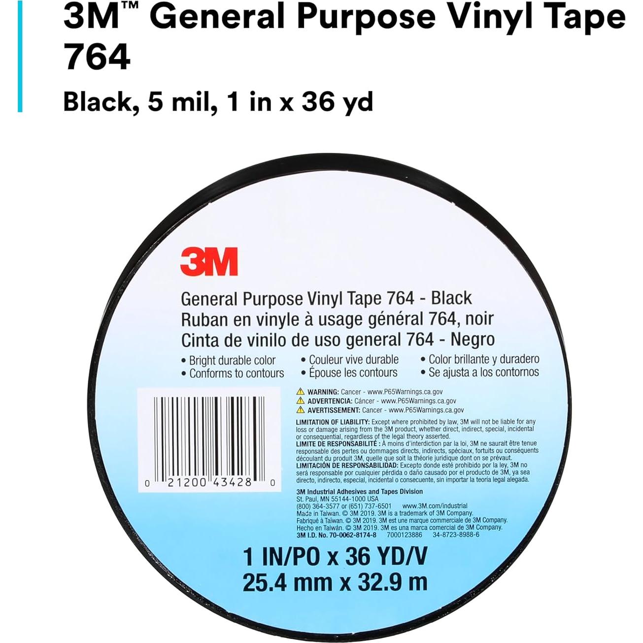 Cinta de Vinilo 3M 764, 5 cm x 32.9 m, Negro, Uso General