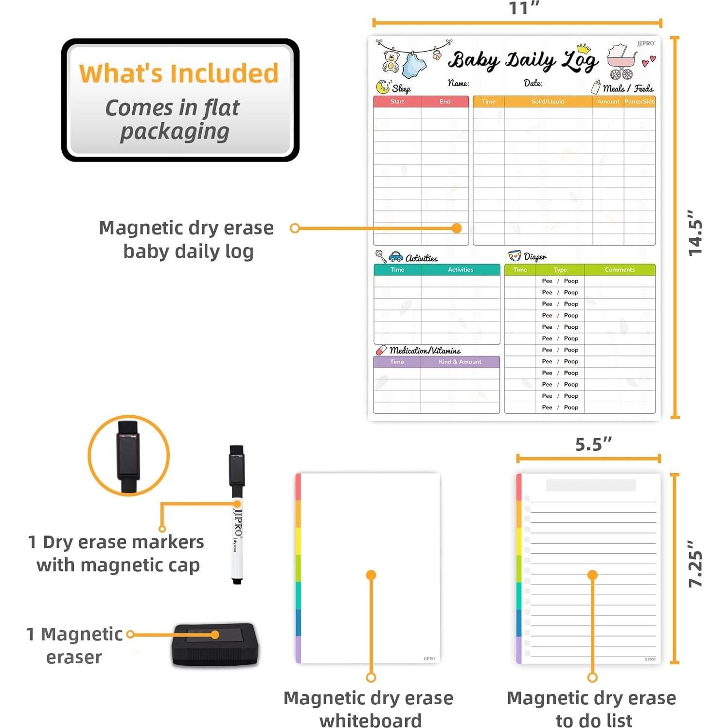 Registro Diario de Bebé JJPRO - Pizarra Blanca Magnética 36.8x27.9 cm