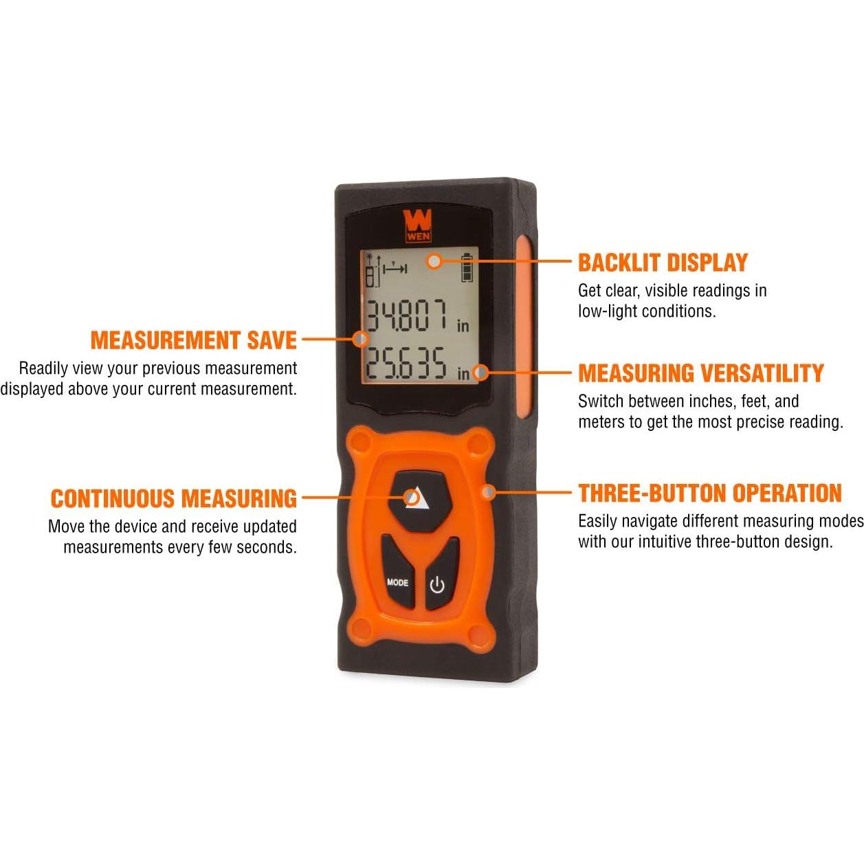 Medidor de Distancia Láser WEN 10130 Digital 39.62 m LED