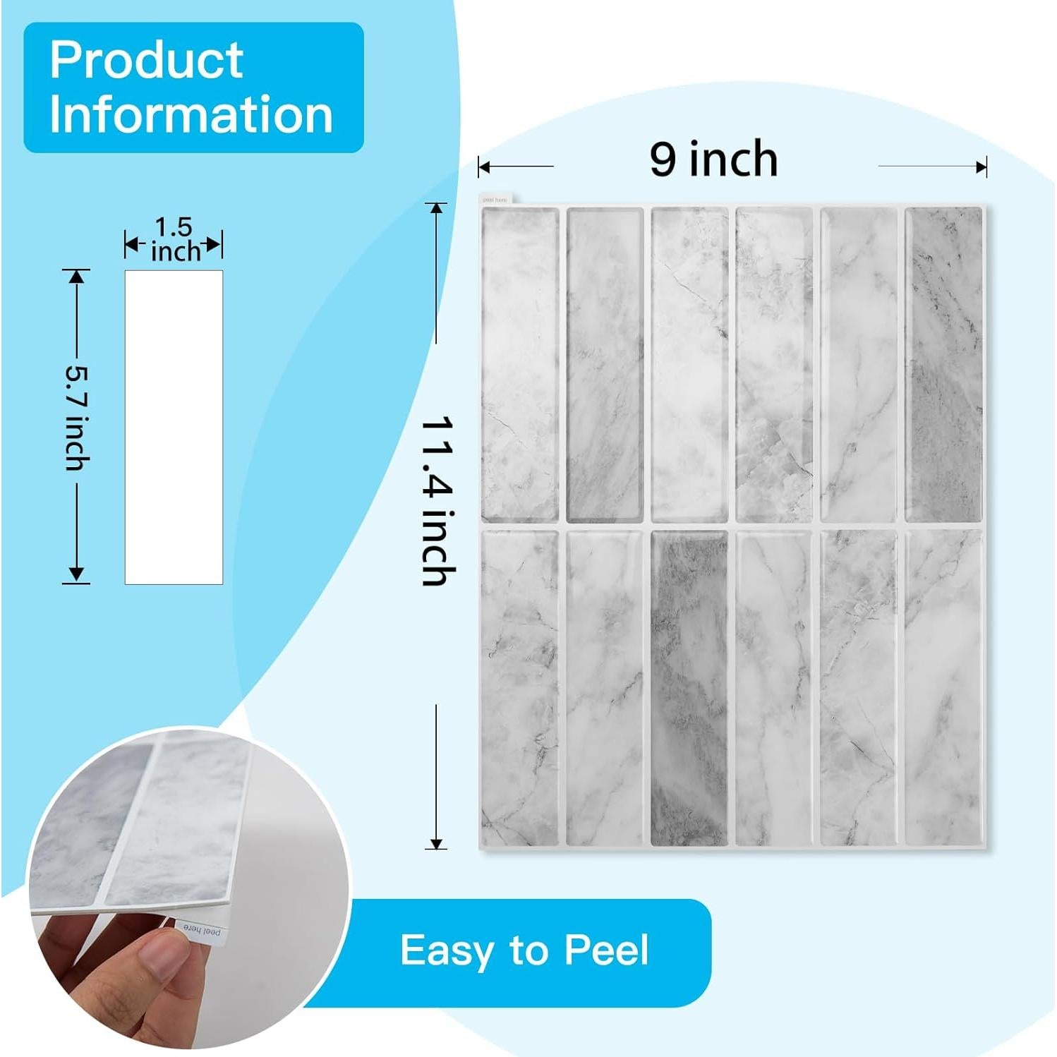 Azulejos Autoadhesivos Art3d 29x22 cm Mármol Gris - Paquete 10