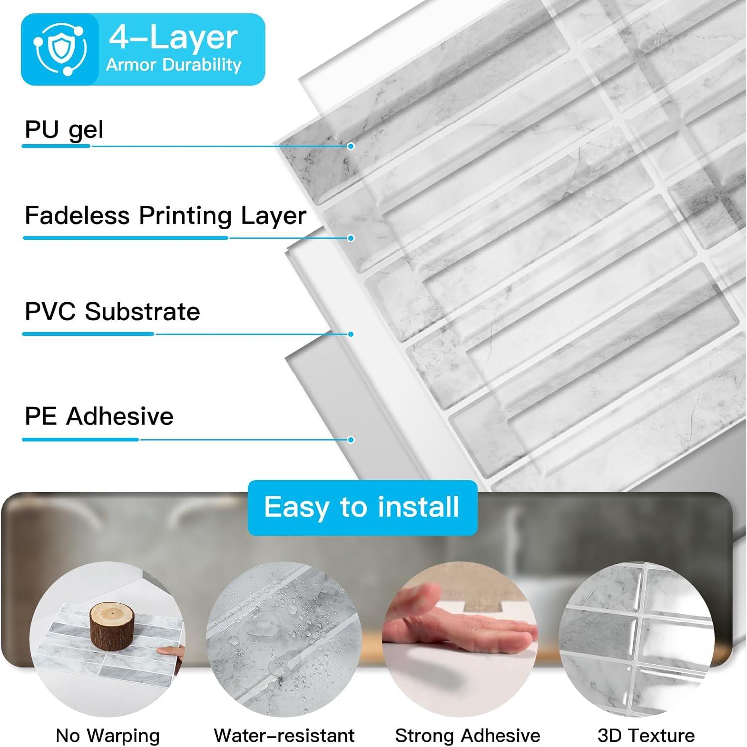 Azulejos Autoadhesivos Art3d 29x22 cm Mármol Gris - Paquete 10
