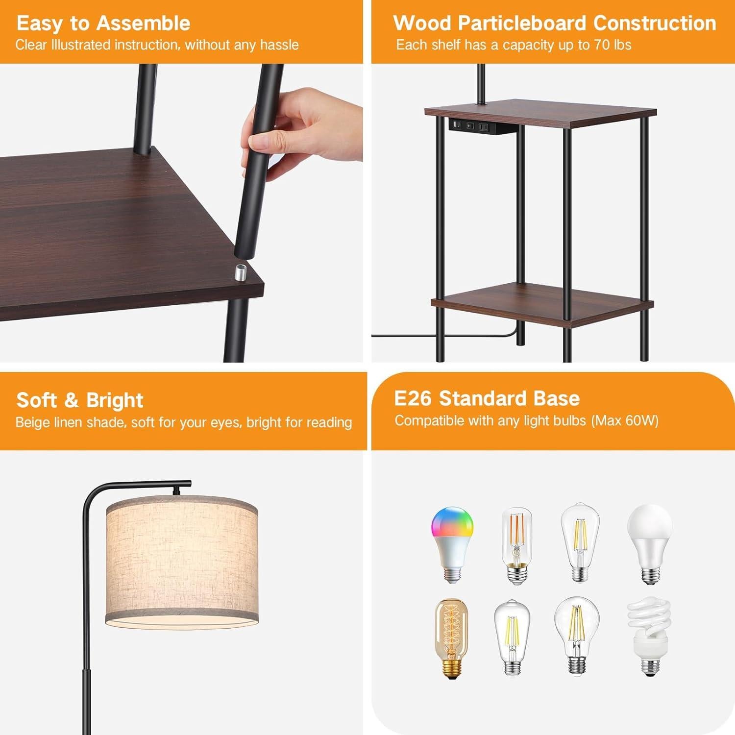 Lámpara de Pie OUTON con Mesa Auxiliar y Carga USB, 9W