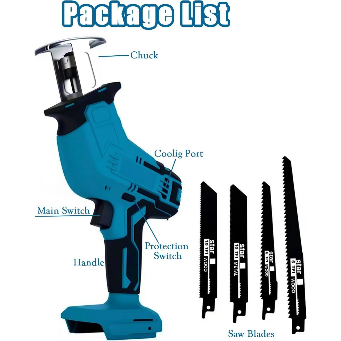 Sierra Recíproca Inalámbrica Yangtzone 18V 0-3000 RPM con 4 Hojas