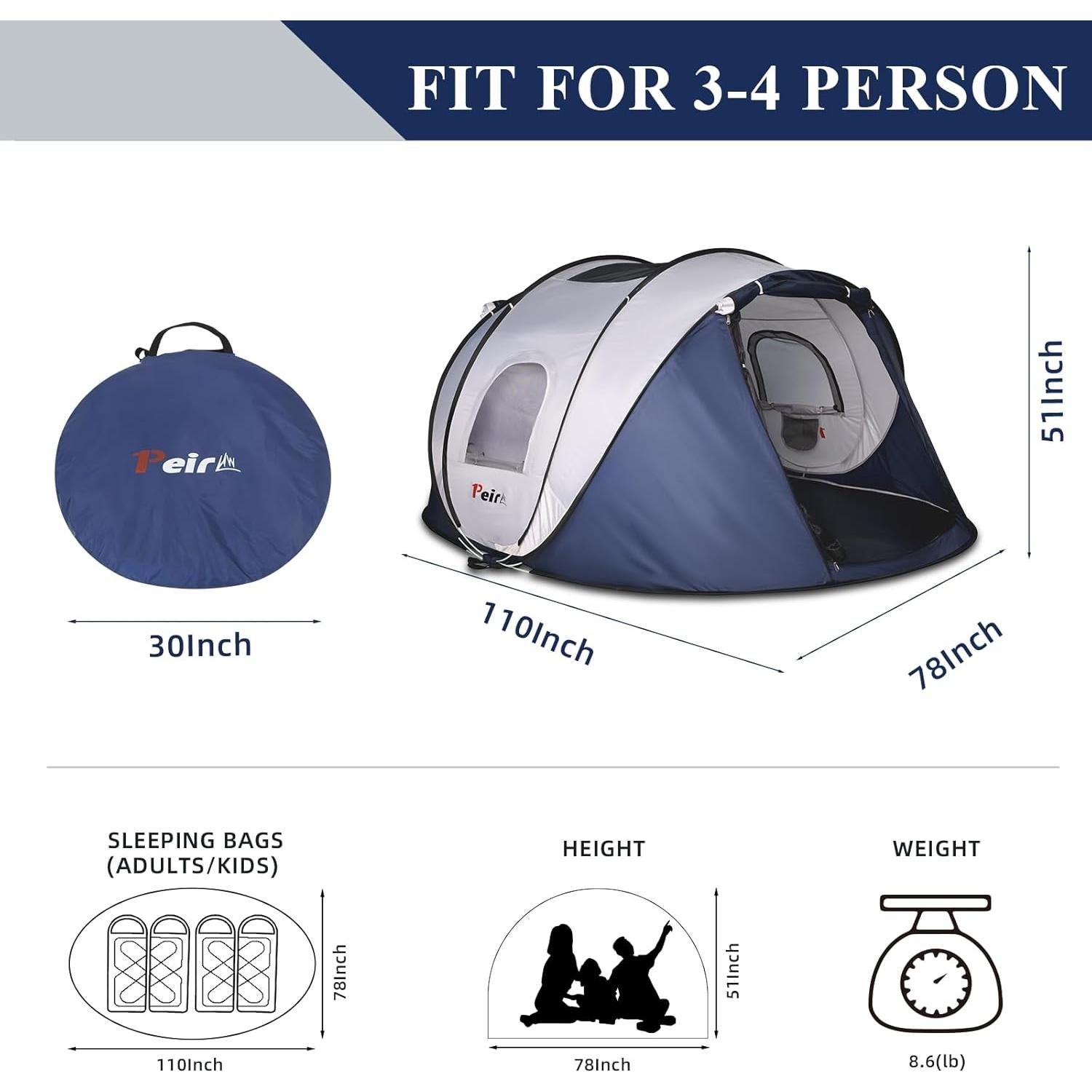 Carpa Pop Up Peirhw para 2-4 Personas, Impermeable y Rápido Montaje