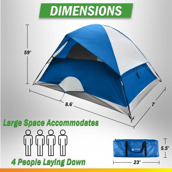 Carpa de Camping Wakeman 4 Personas Azul Impermeable