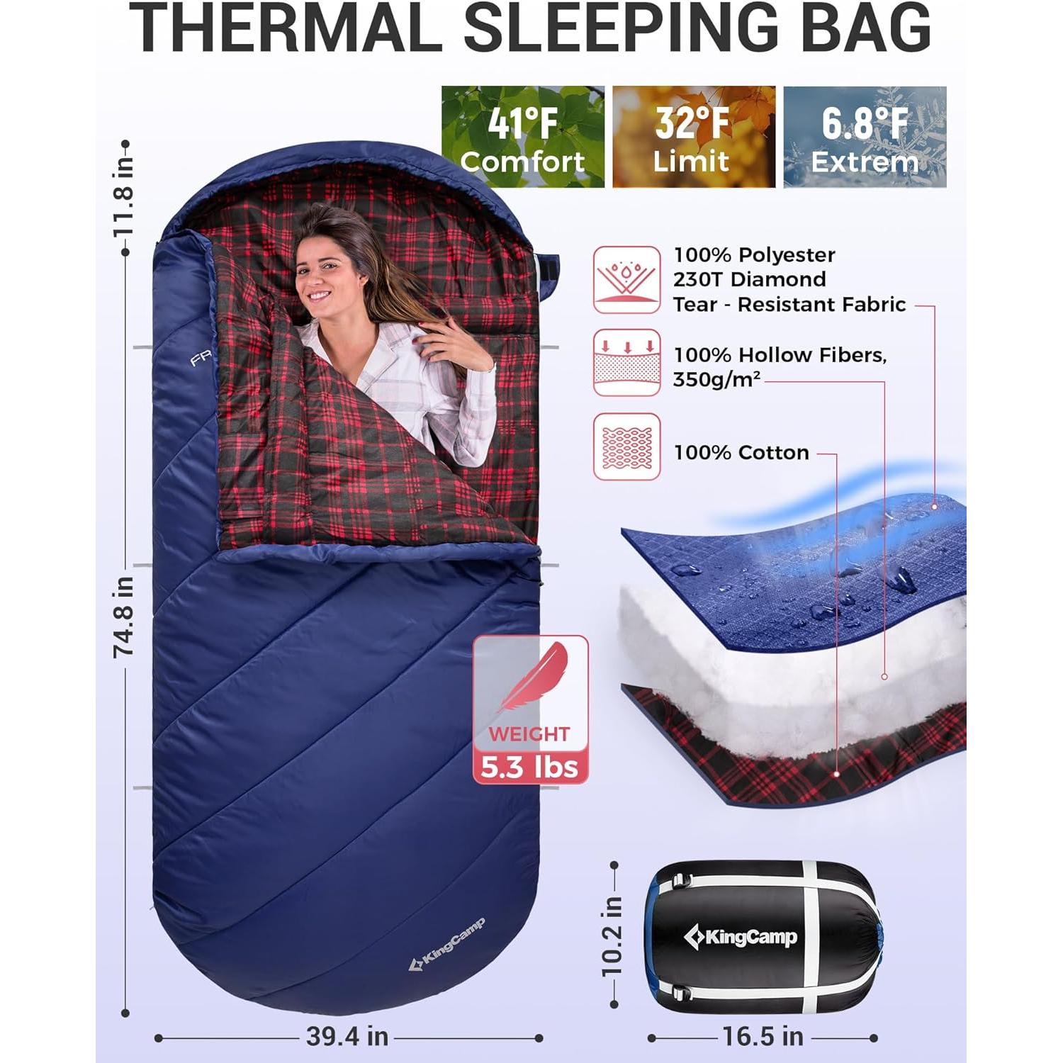 Saco de dormir KingCamp XL impermeable para clima frío y cálido