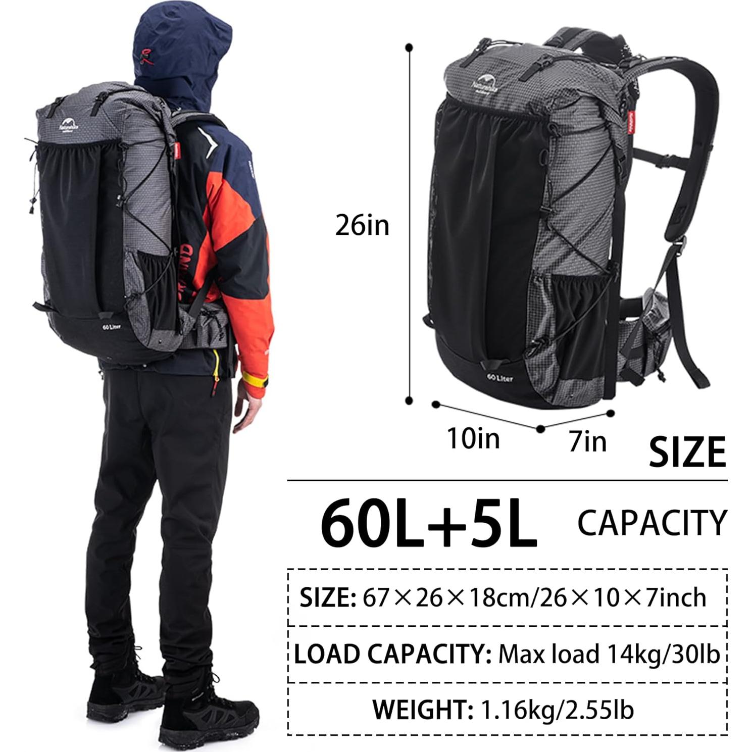 Mochila de Senderismo Windhike 60+5L Impermeable Ultraligera