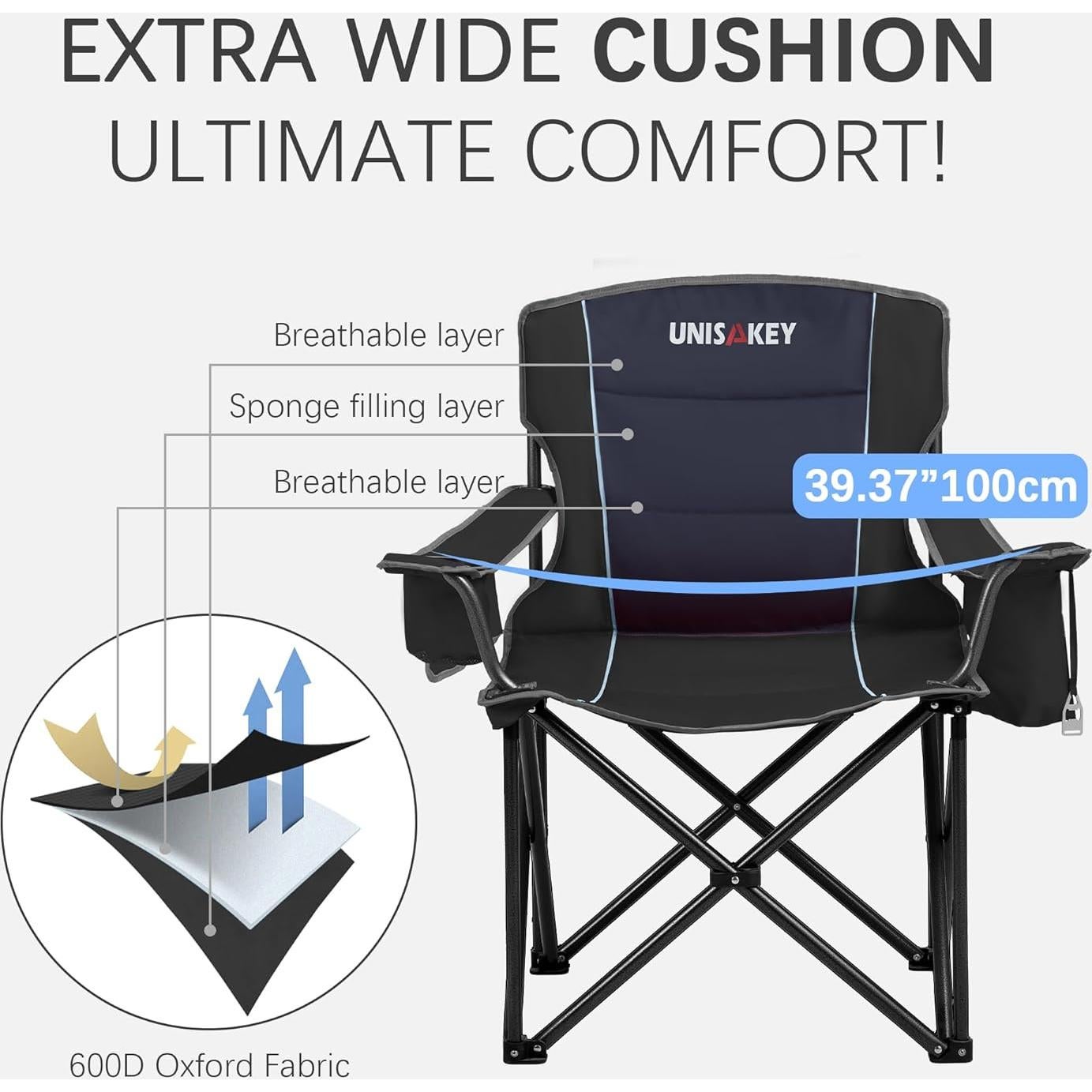 Silla de Camping Plegable Unisakey Negra - Soporta 204kg