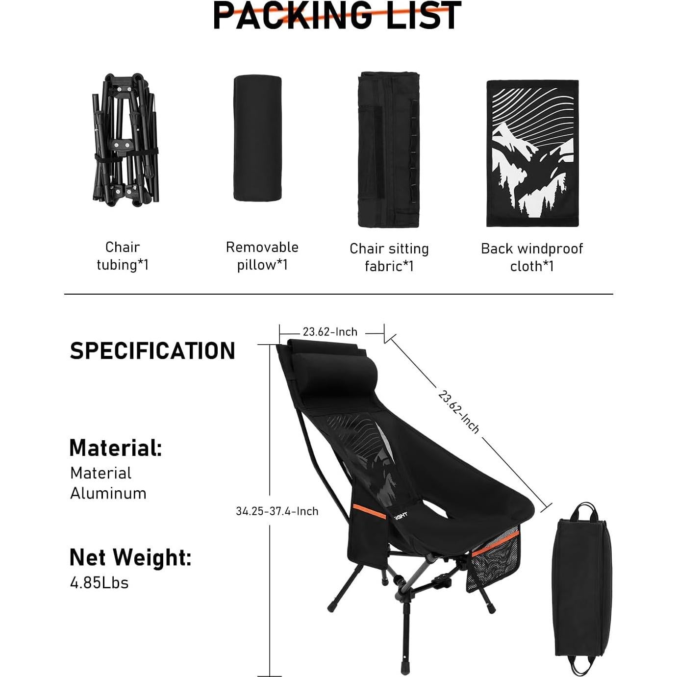 Silla de Camping Plegable NOVSIGHT con Respaldo Alto y Reposacabezas