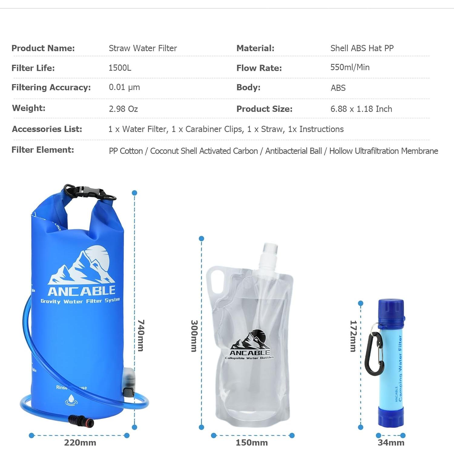 Filtro de Agua por Gravedad Ancable 5.68L para Camping Azul