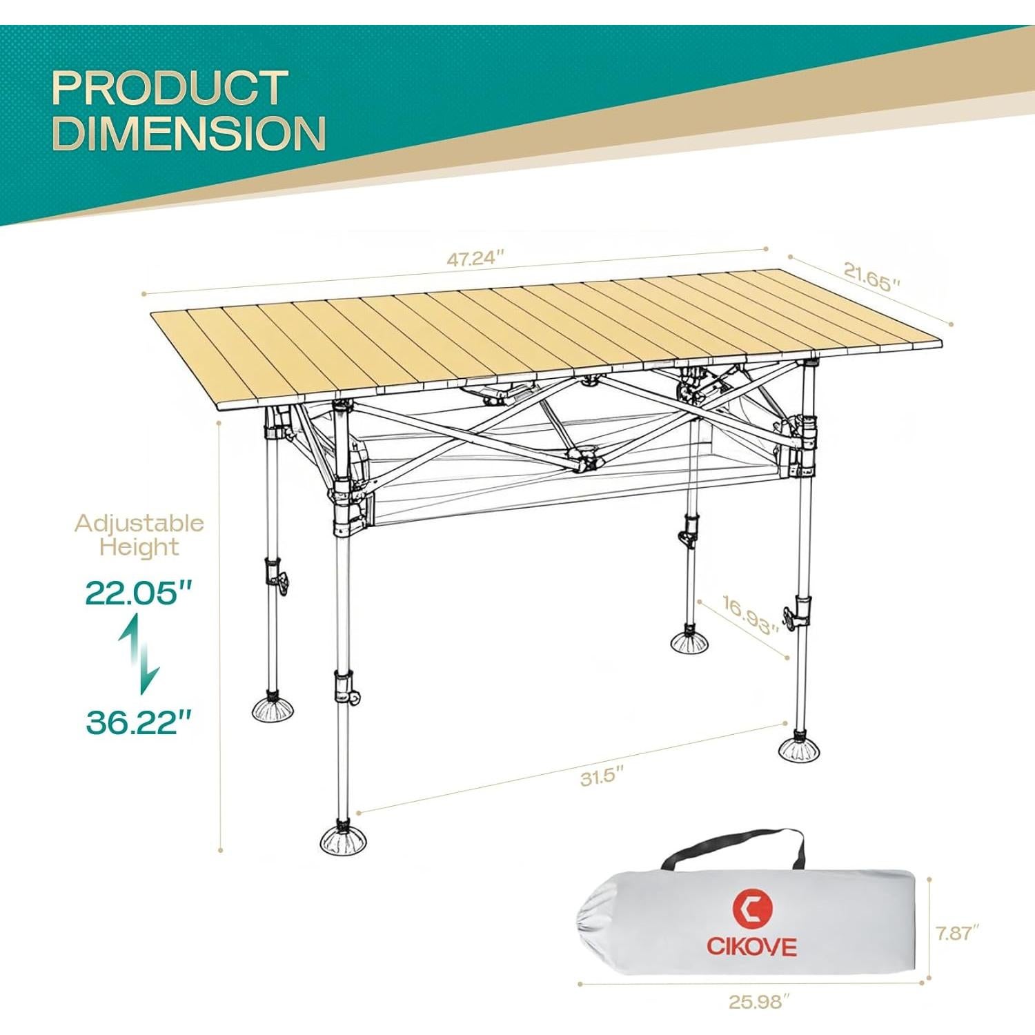 Mesa de Camping Plegable CIKOVE Beige Ajustable 119 cm