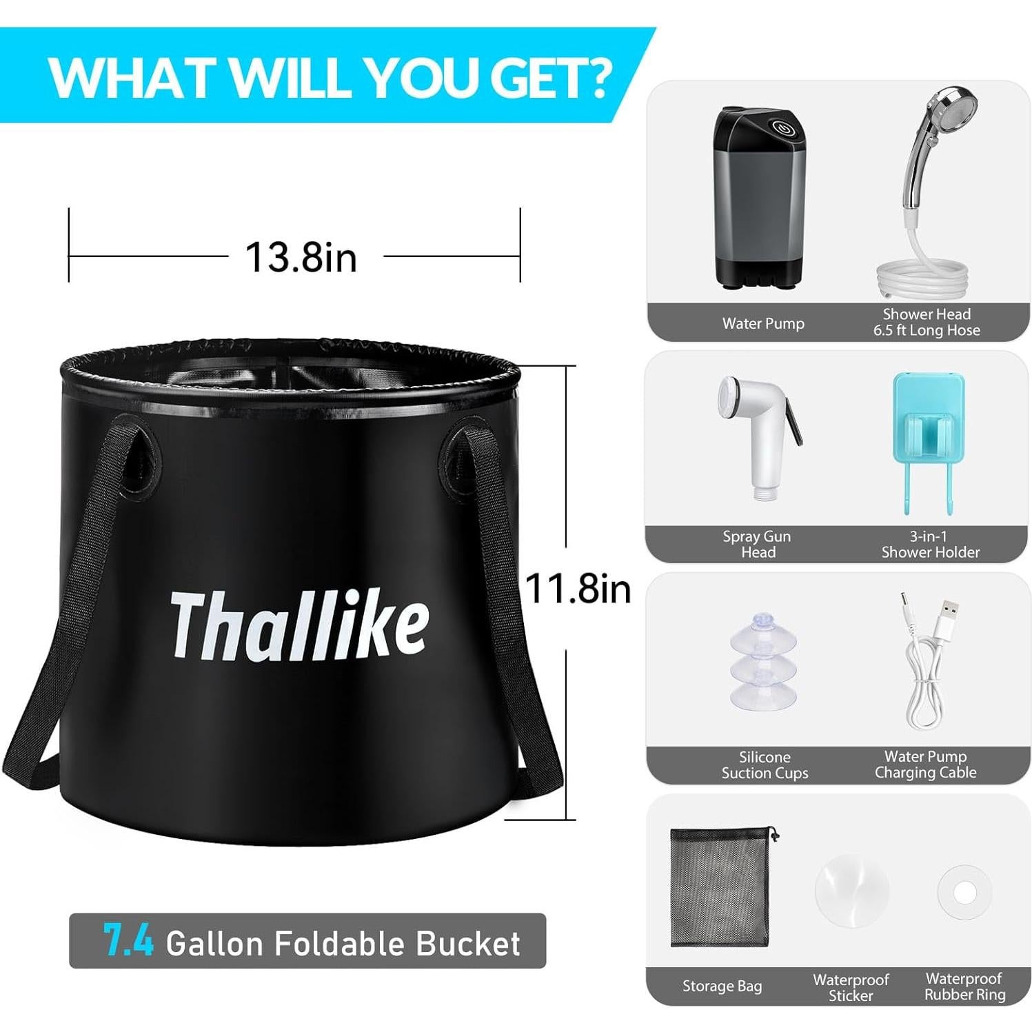 Ducha de Camping Portátil Thallike con Cubo Plegable 28L
