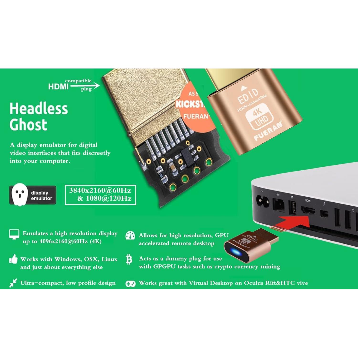 Emulador de Monitor Virtual 4K FUERAN Dummy Plug HDMI