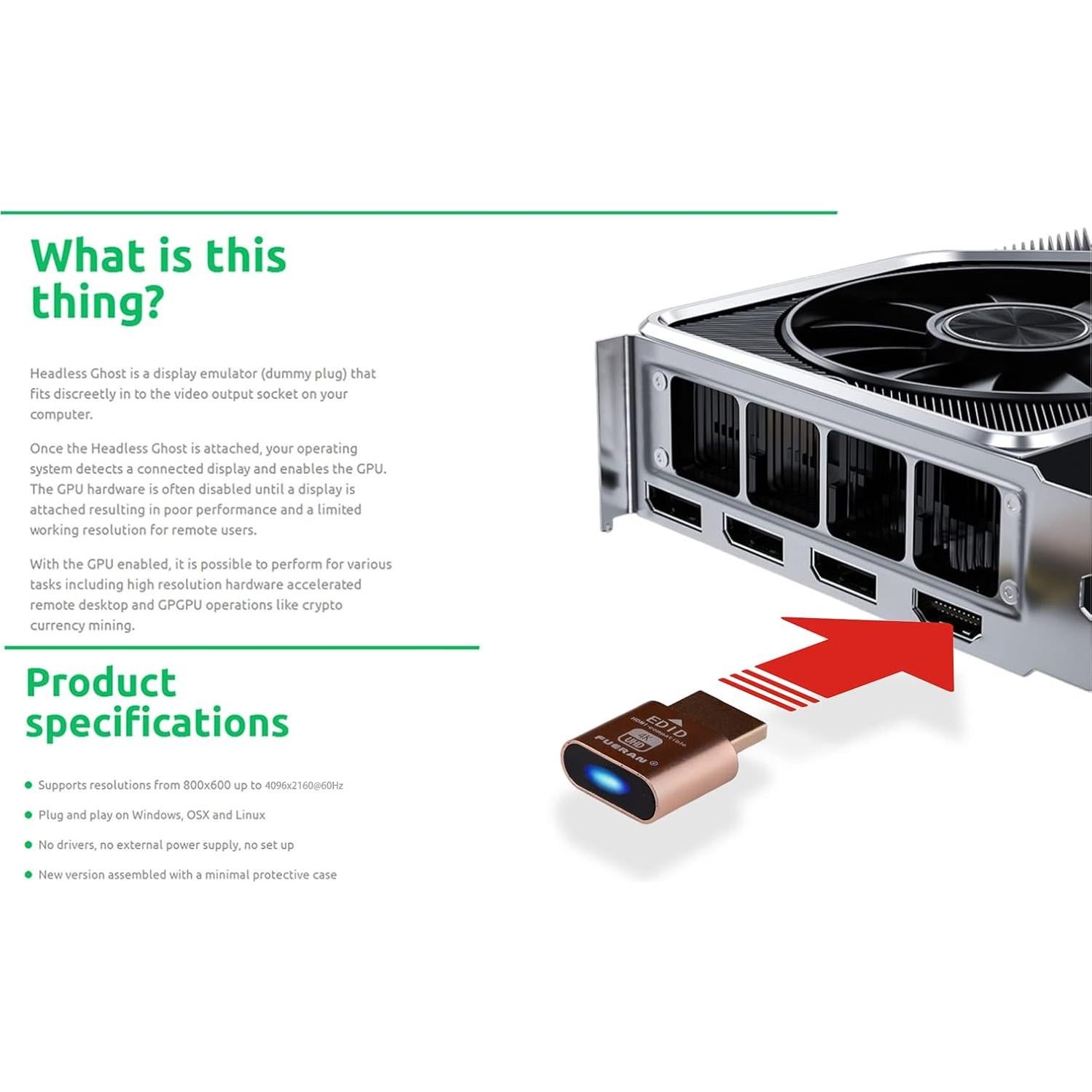 Emulador de Monitor Virtual 4K FUERAN Dummy Plug HDMI