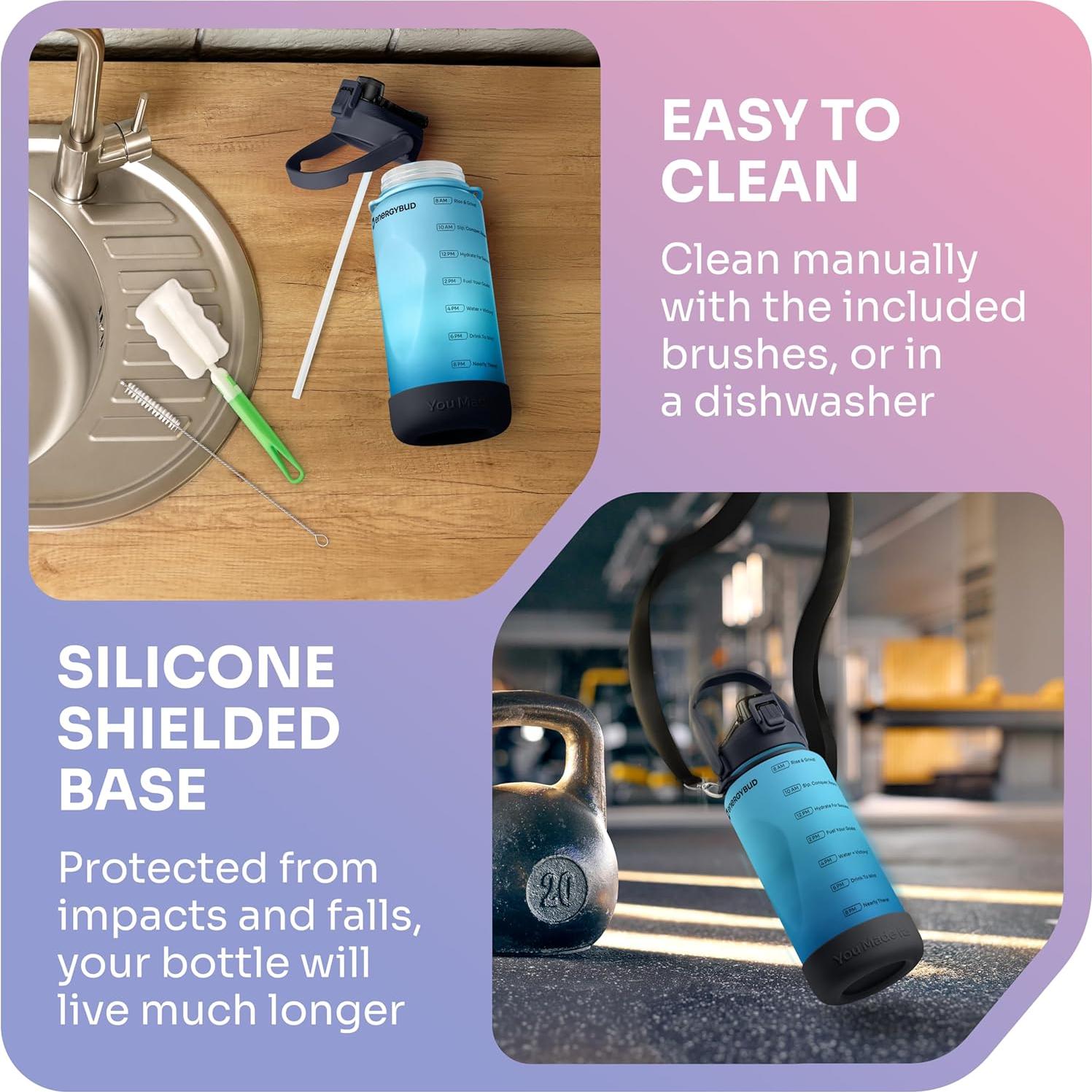 Botella de Agua EnergyBud 2.2L con Pajilla y Tapa 6-en-1