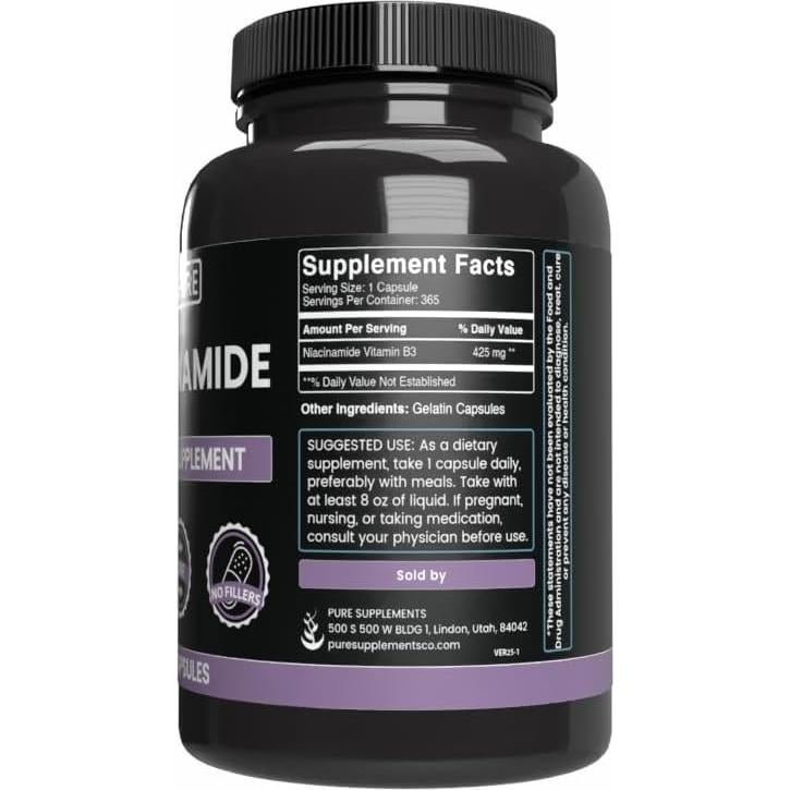 Cápsulas de Niacinamida Pura 365 Unidades - Ingredientes Orgánicos